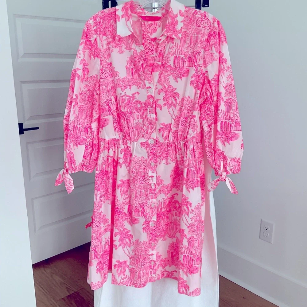 Lilly Pulitzer Pink Toile Button-Up Dress with Tie Belt - Picture 1 of 4
